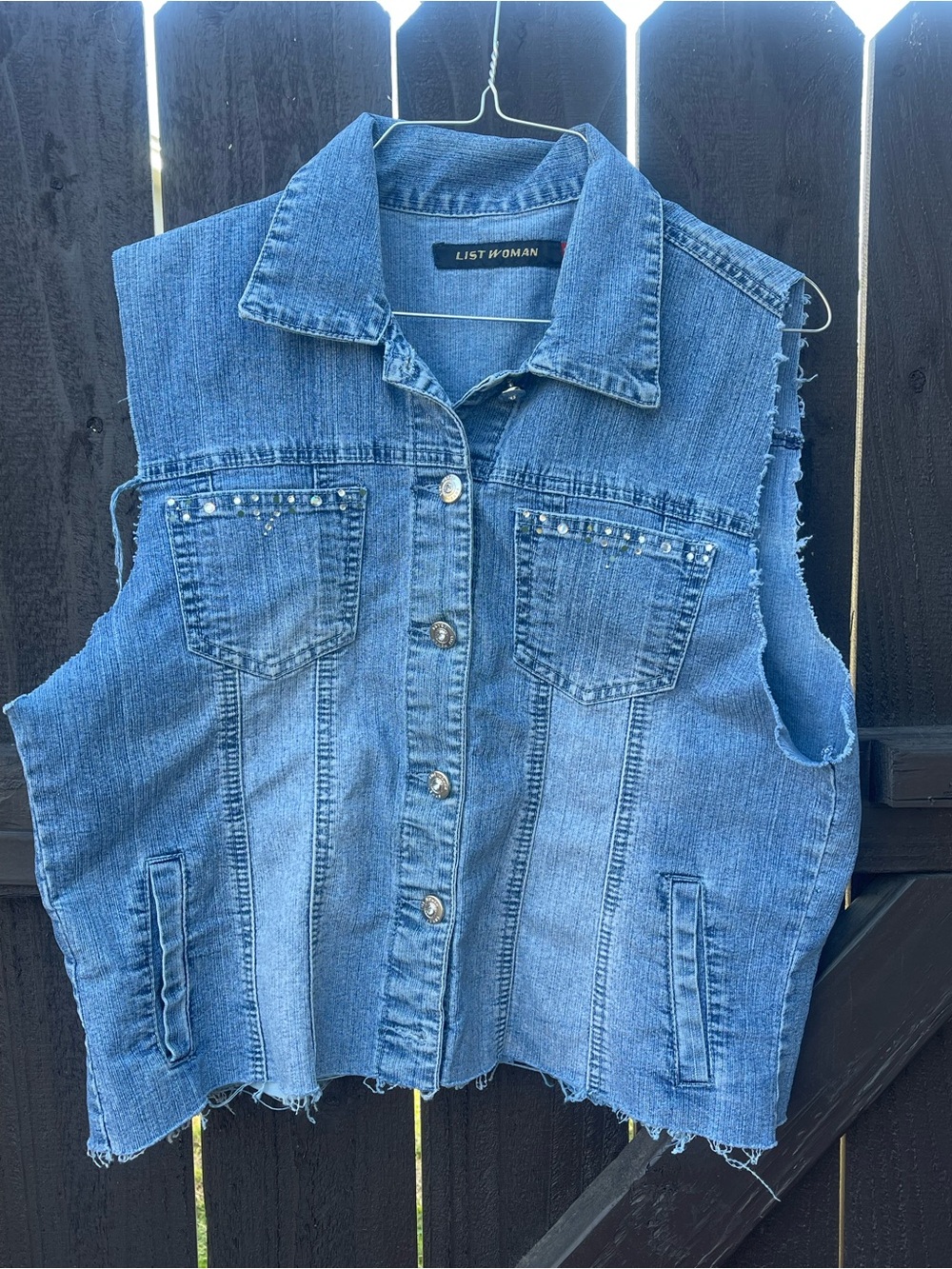 Blue Denim Sleeveless Vest with Stud Details